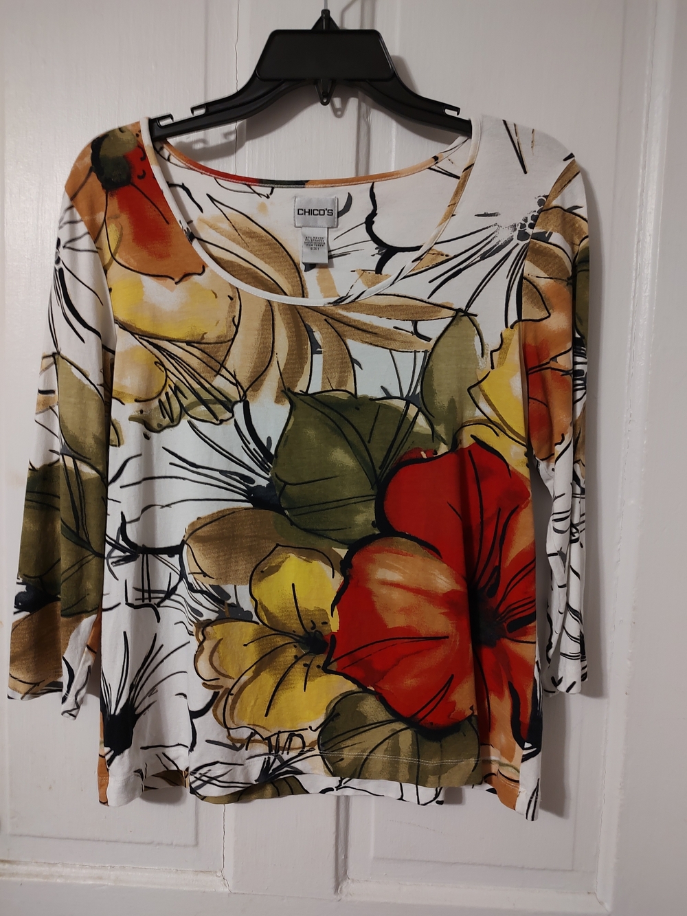 Chico's White Tunic with Red, Yellow & Olive Floral Print